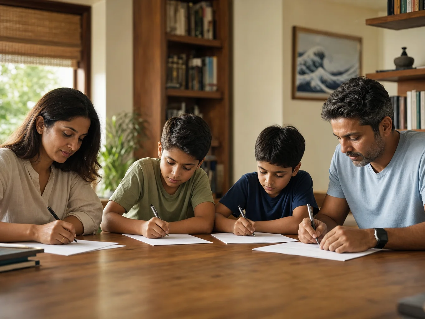 Indian family of four seated together at a wood table, each writing on their own paper during a calm literacy assessment activity