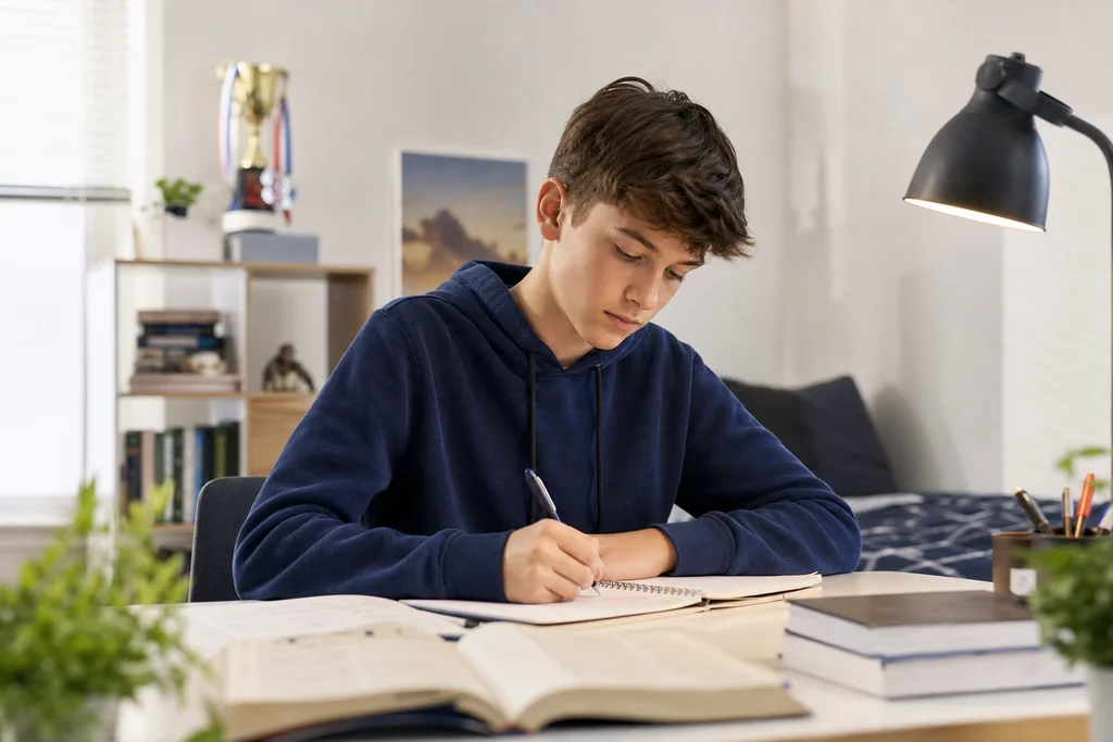 Teenage student focused on homework at a desk, working independently