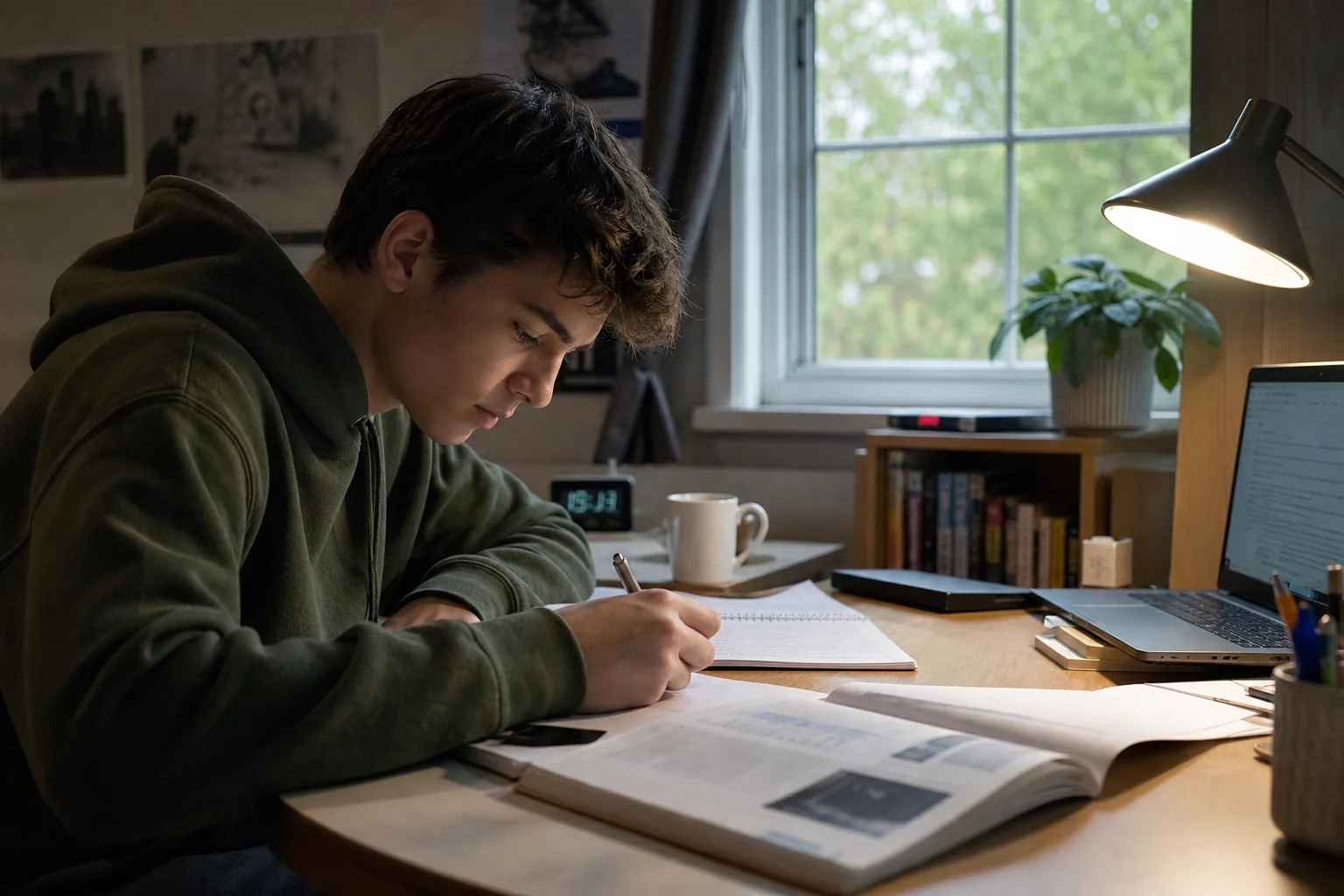 A fifteen-year-old student focused at a desk during a calm literacy assessment