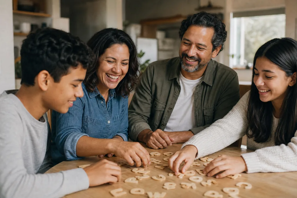 A family laughing together while playing with flat alphabet letters at the table