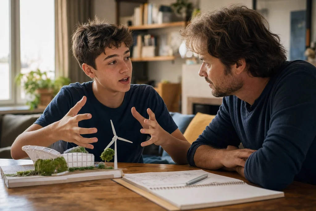 Teen explaining a project to a parent during a focused conversation at home