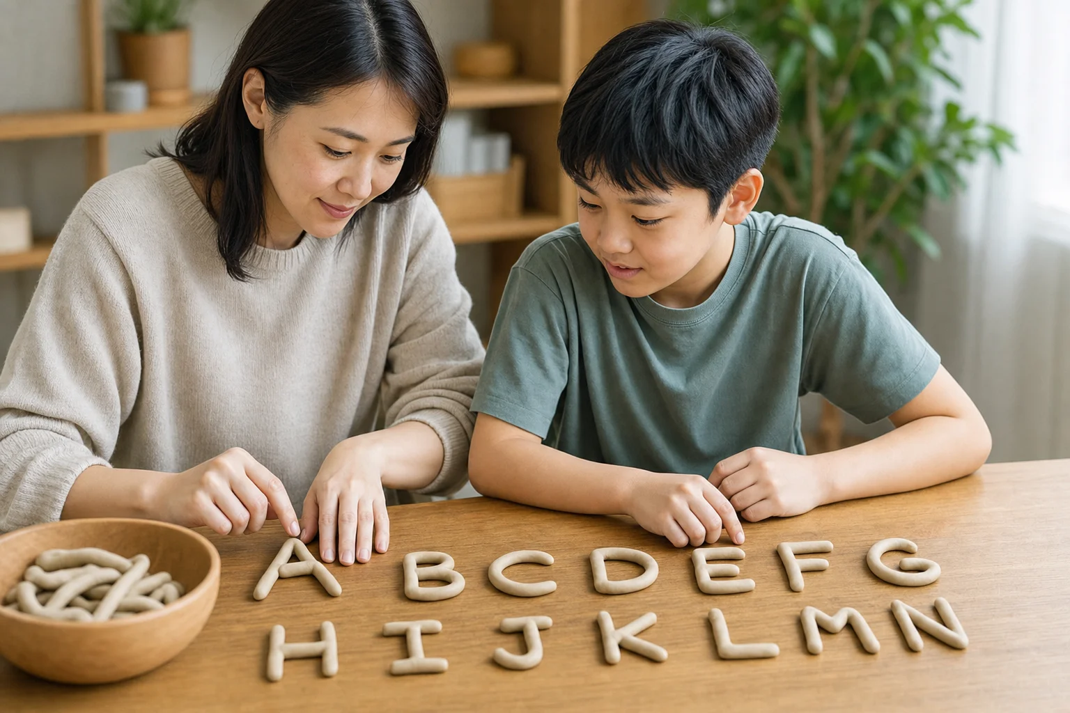 An East Asian mother and son working together with rounded beige clay rope letter forms at a wood table as foundational patterns begin to make sense