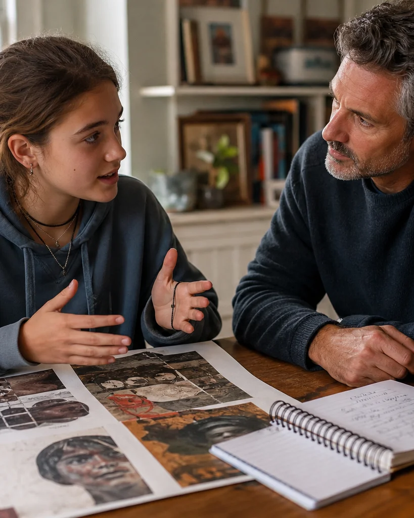 A capable girl explaining a creative project to a parent at home while a notebook nearby suggests written expression has been harder