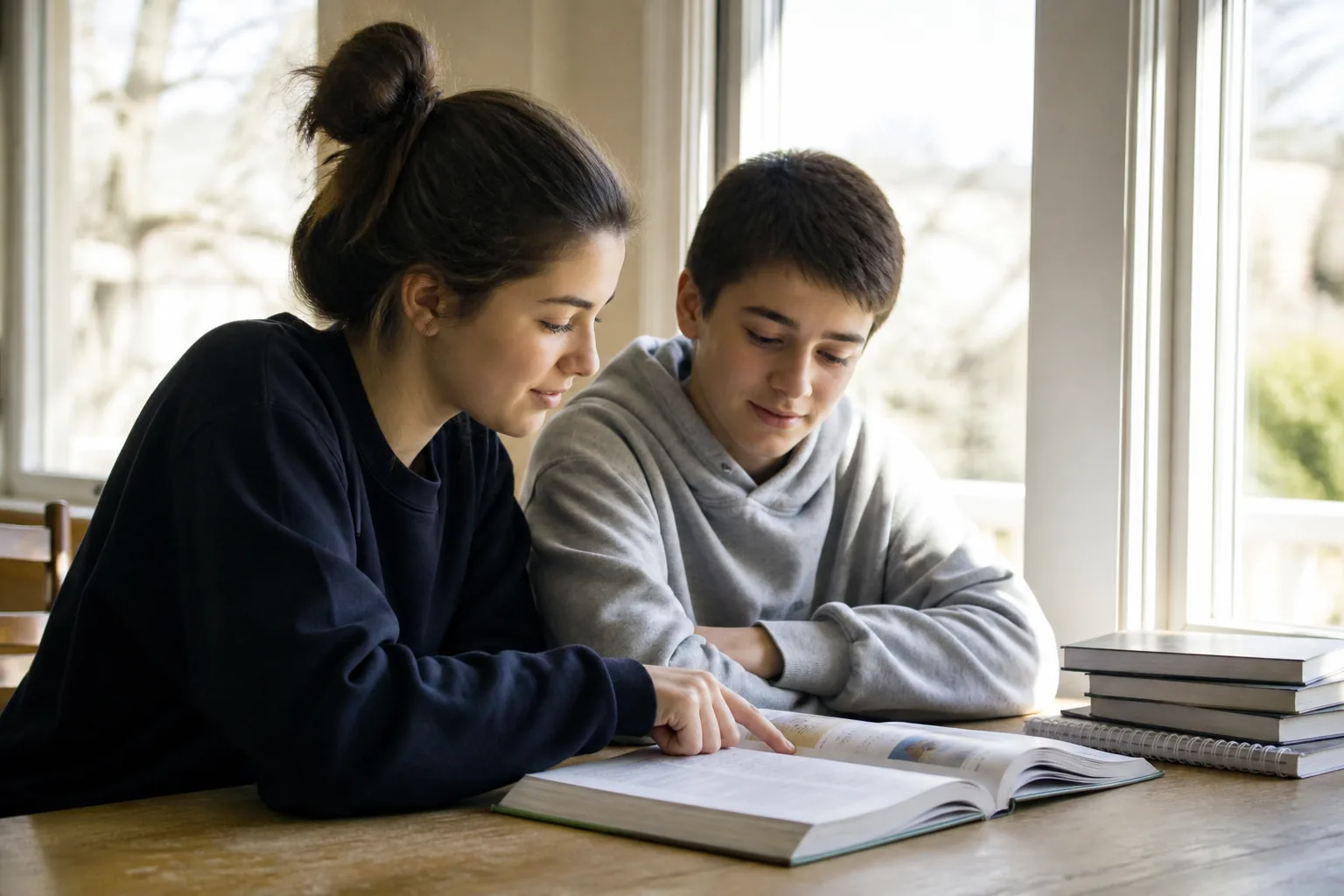 A sixteen-year-old and twelve-year-old sibling sitting together by a window with school books, looking calm and hopeful