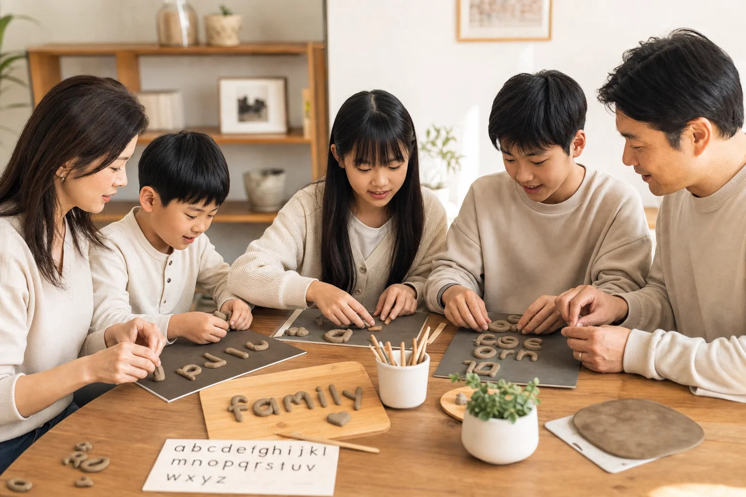 East Asian family with two parents and three children learning together with beige clay multisensory materials