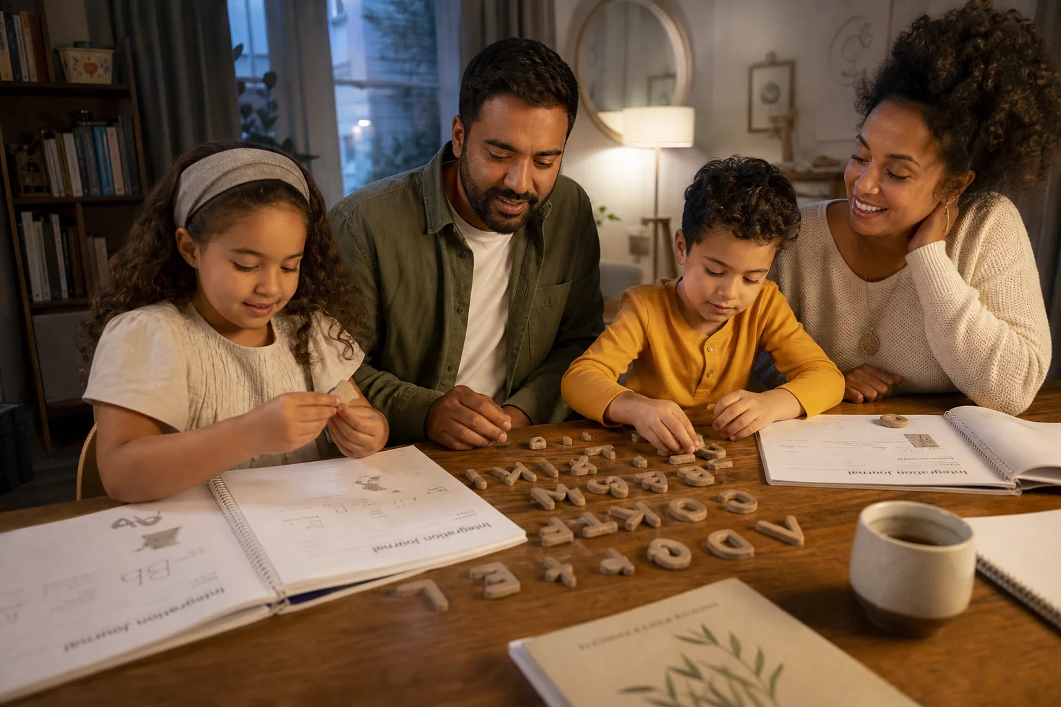 A family practicing together at home with calm structure, shared learning materials, and mixed-gender siblings participating