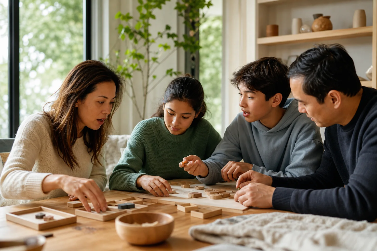 Family of four actively participating together in a multisensory learning and problem-solving activity