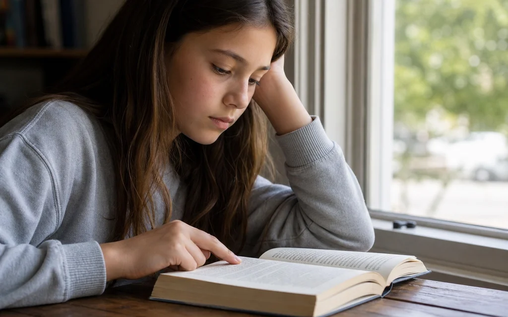 Girl reading slowly by a window, finger tracking the line, natural window light