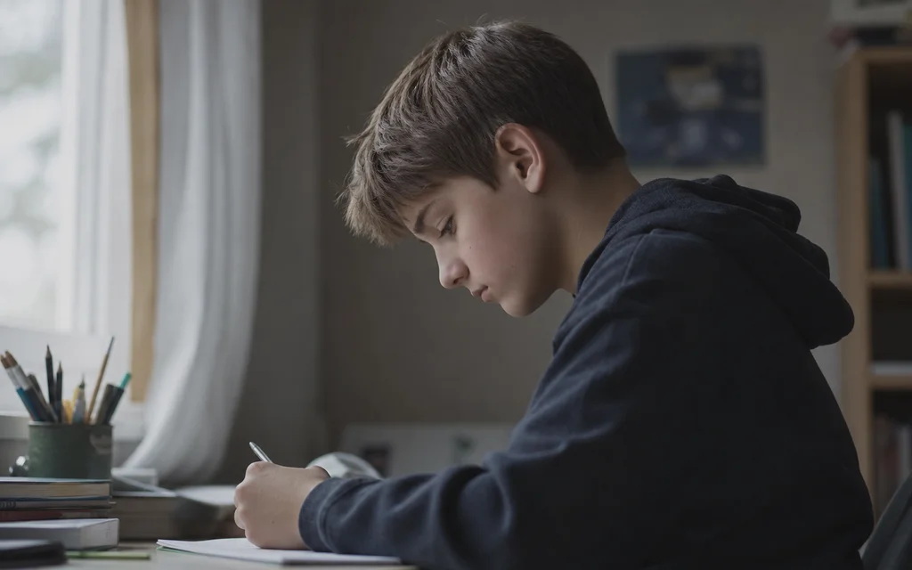 Child sitting alone at desk, shoulders slightly slumped, subdued mood