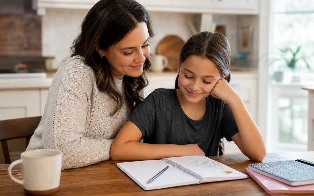 Mother and daughter sharing a small learning win at the table, gentle smile