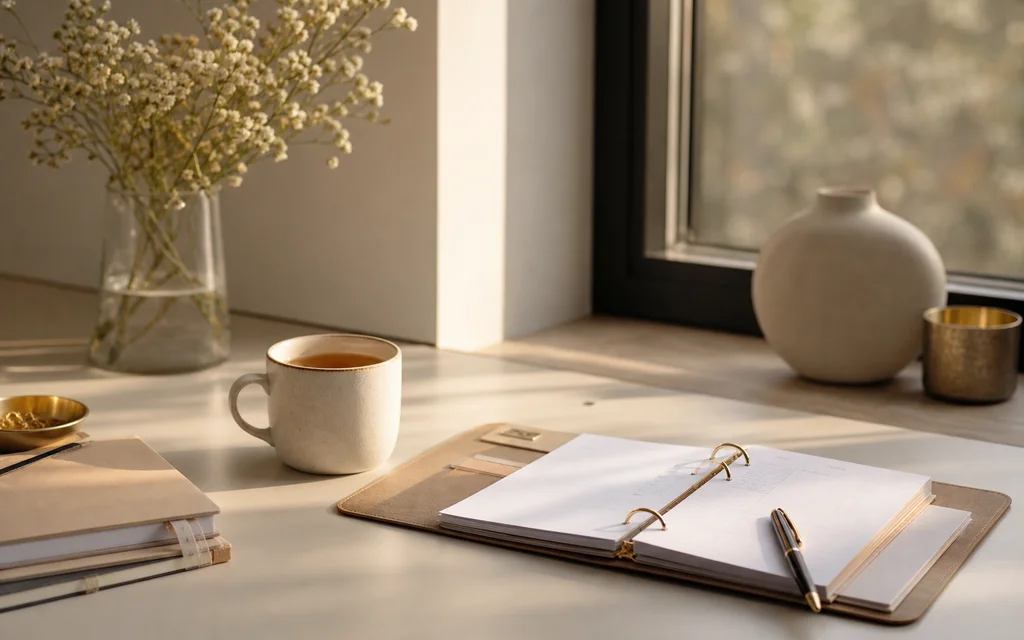 Quiet desk with tea, notebook, and calendar, decision-making at home