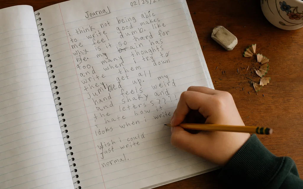 Notebook with uneven handwriting and crumpled eraser on a wooden desk
