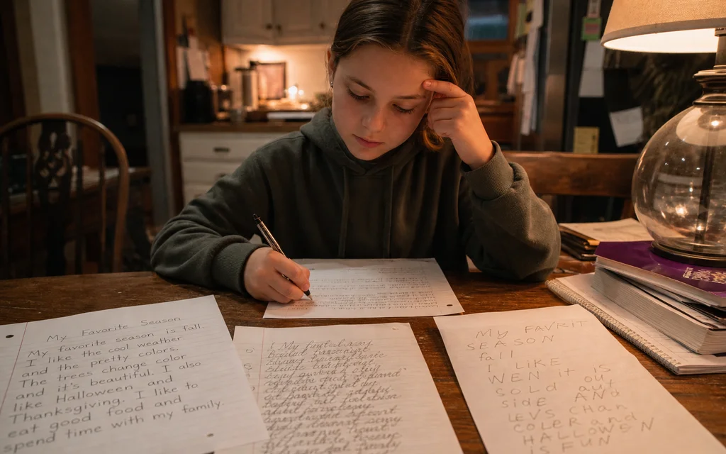 Child writing in a notebook at a kitchen table, papers showing uneven handwriting