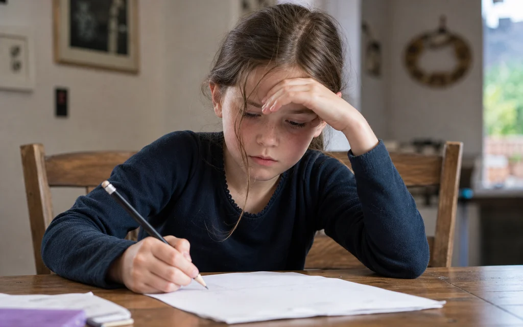 Child pausing over a mostly blank worksheet, thoughtful and frustrated