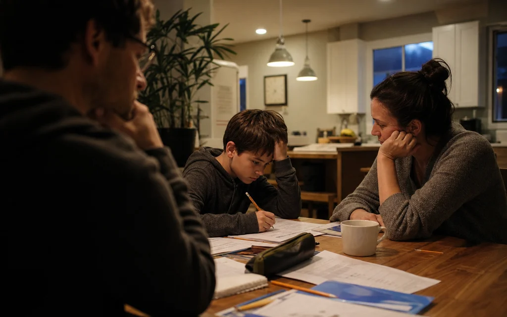 Family kitchen in the evening, homework spread on the table, quiet tension