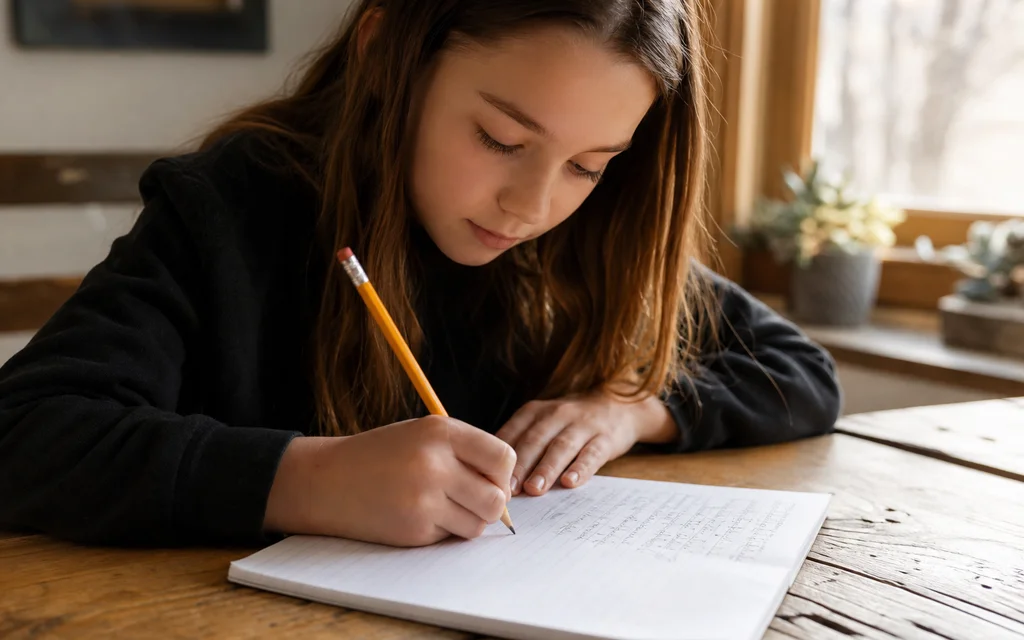 Girl's hand forming letters on paper with a natural relaxed pencil grip