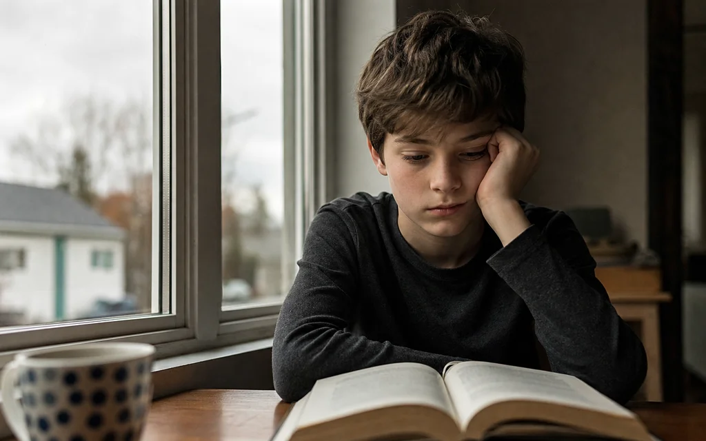 Tired child reading a book by a window, chin resting on hand
