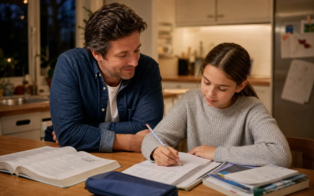 Father sitting beside daughter at table, calm homework moment