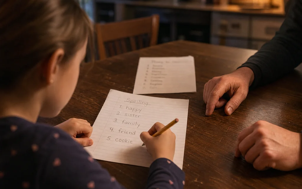 Kitchen table with spelling list and pencil, evening homework light