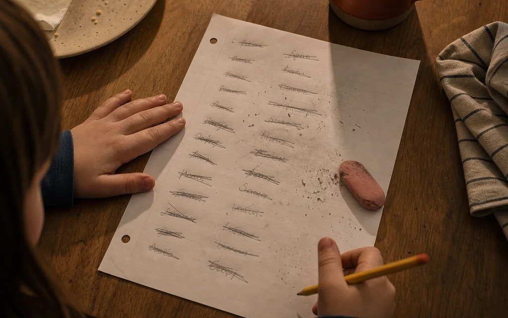 Spelling practice on paper with crossed-out words and eraser smudges