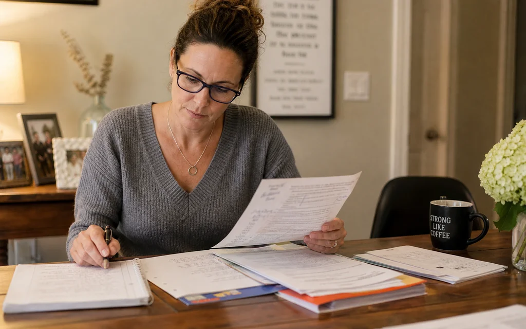 Parent reviewing school papers and notes at a dining table