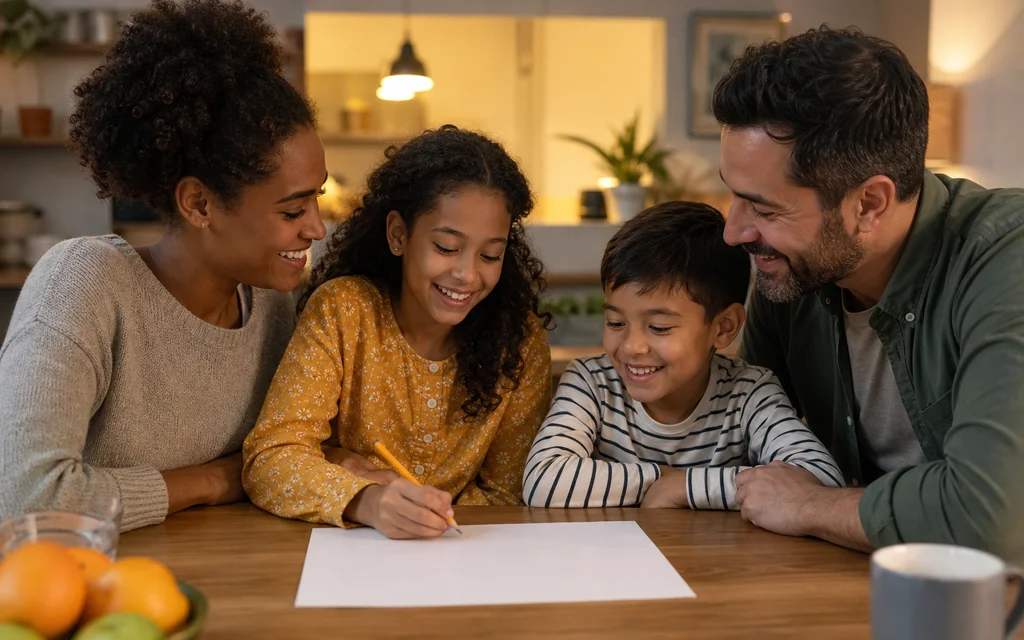 Happy multicultural family seated around a table with a blank sheet of paper and a pencil, calm collaborative mood