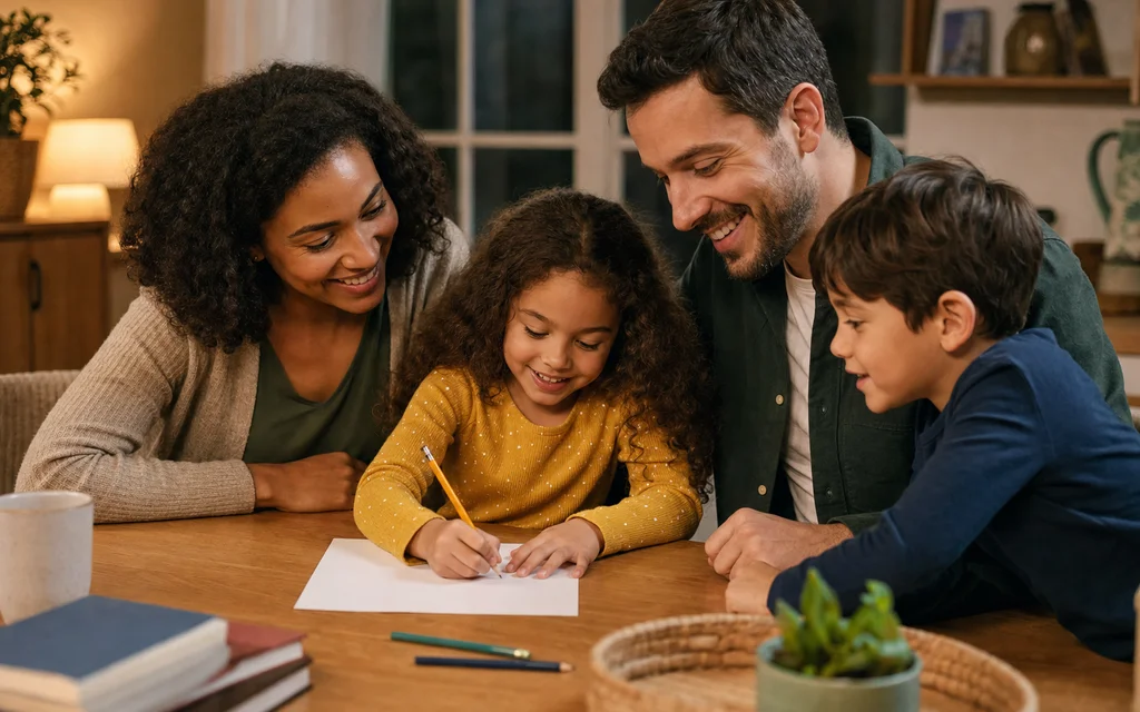 A happy family seated around a table with a blank sheet of paper and a pencil, ready to explore learning together