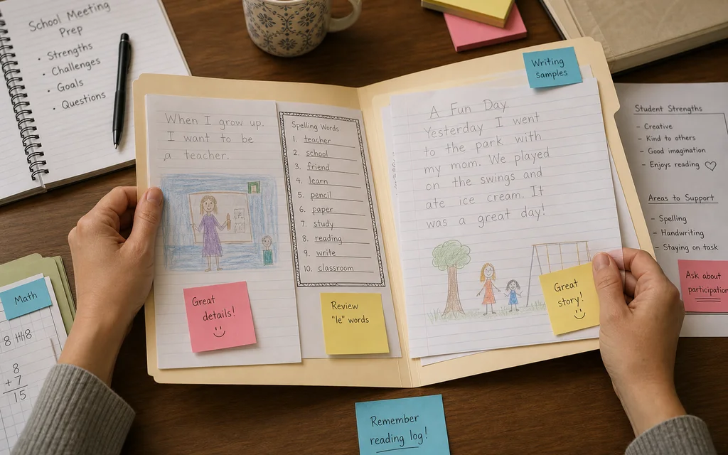Folder of children's writing samples and a short observation list