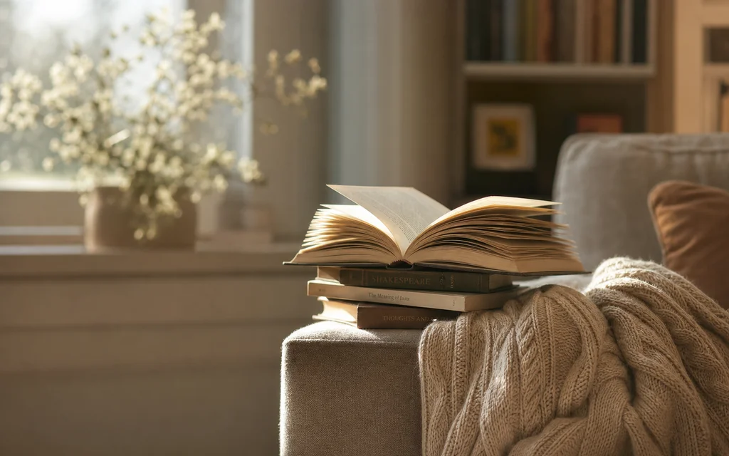 Open books and reading materials on a calm sofa in soft morning light