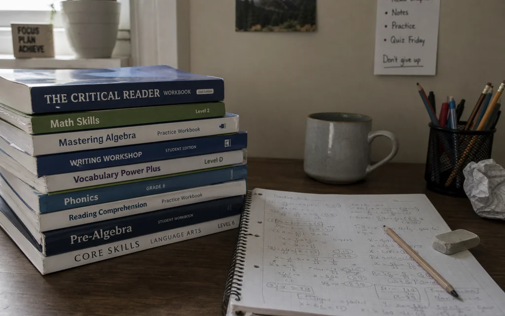 Stack of tutoring workbooks beside still-frustrating homework on a desk