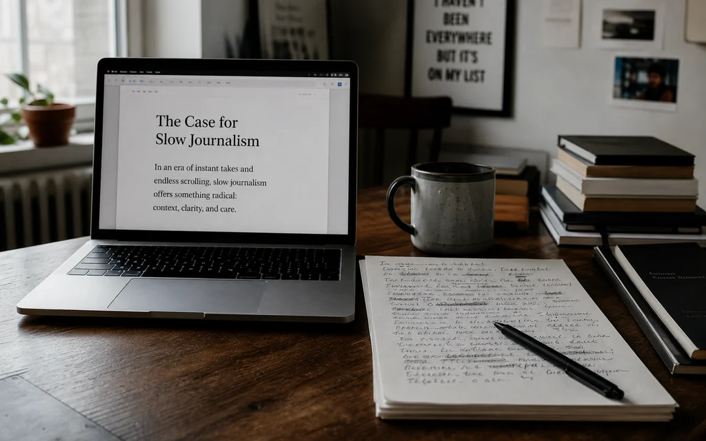 Desk with laptop and handwritten paper side by side, contrast in output
