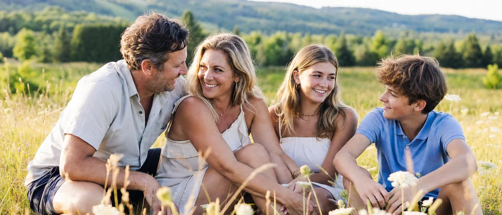 Family with older kids sitting together outdoors in a sunlit field