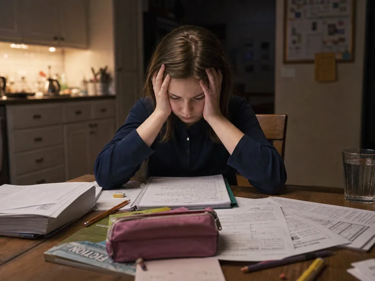 Evening homework on a family kitchen table