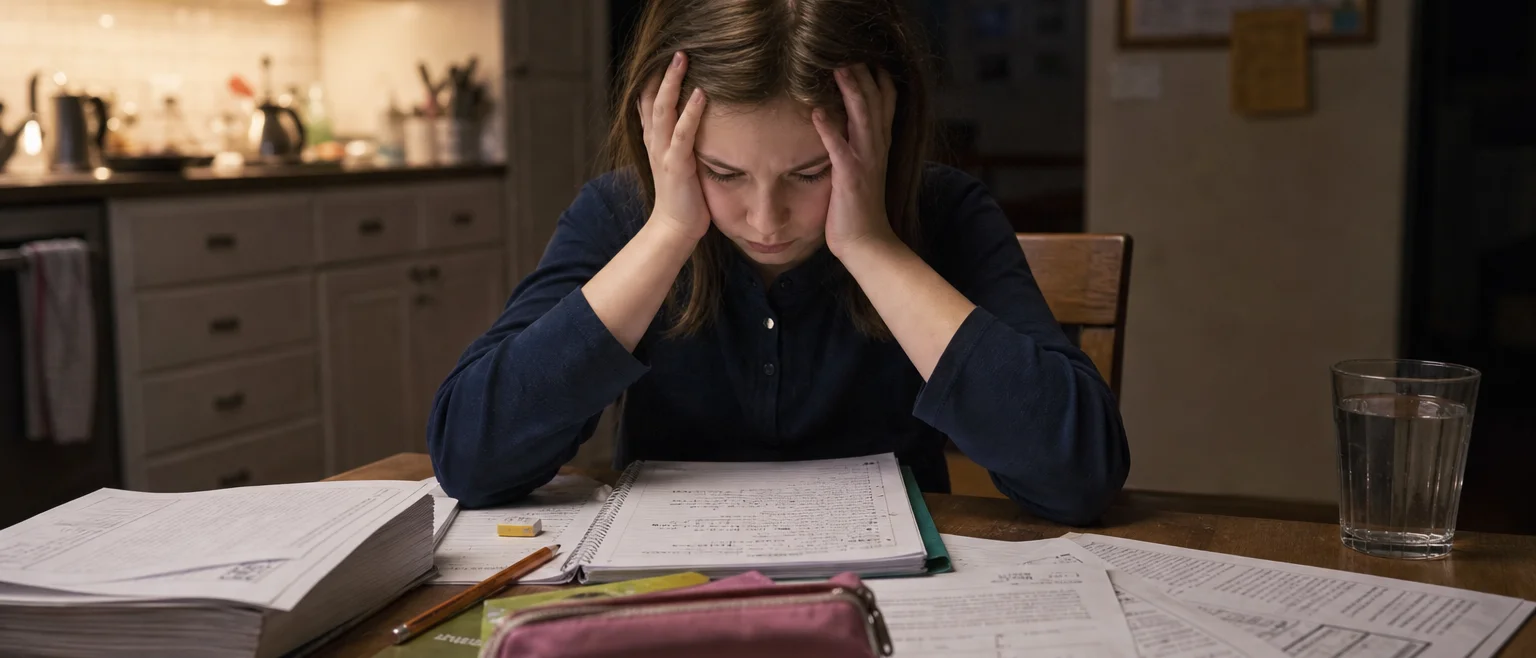 Evening homework on a family kitchen table