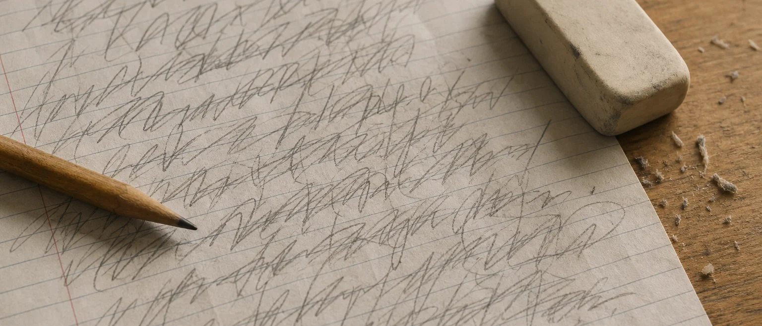 Pencil and messy handwritten notes on a kitchen table