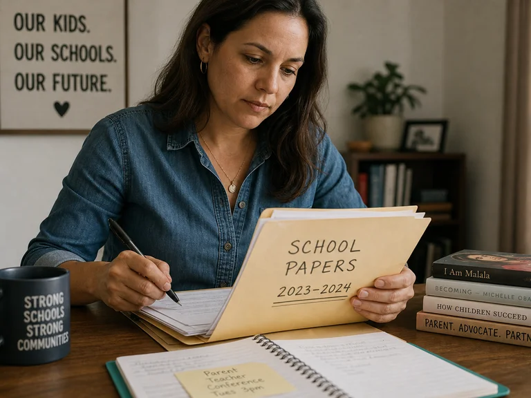 Parent organizing school papers in a manila folder