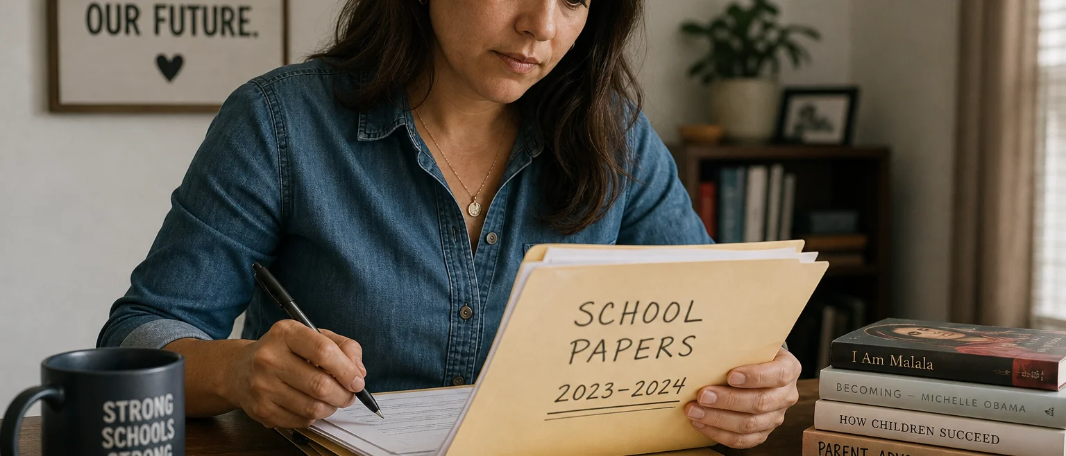 Parent organizing school papers in a manila folder