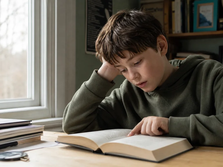 Child reading by window light, slight fatigue