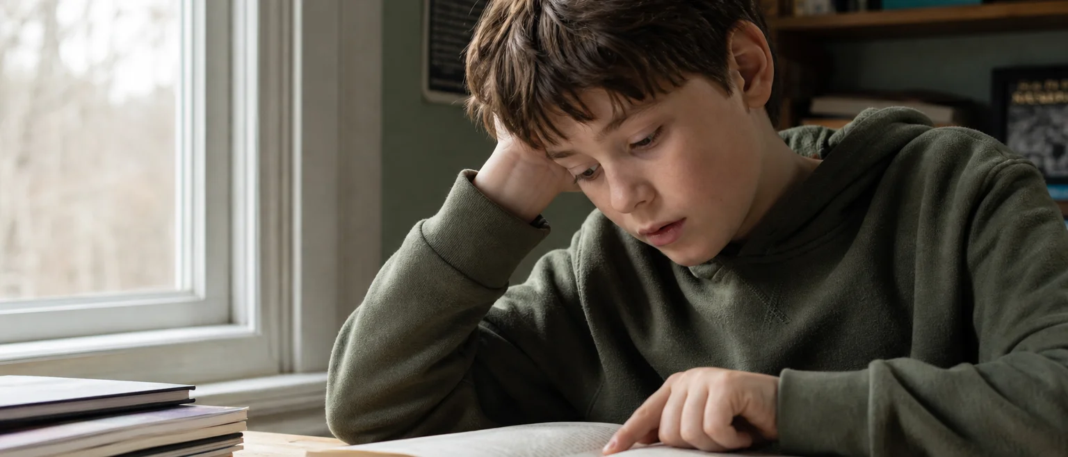 Child reading by window light, slight fatigue